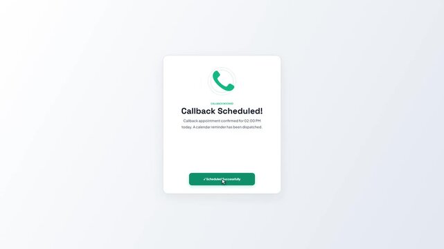 Request Direct Callback Popup Modal UI Animation Changing to Scheduled Successfully Status Message