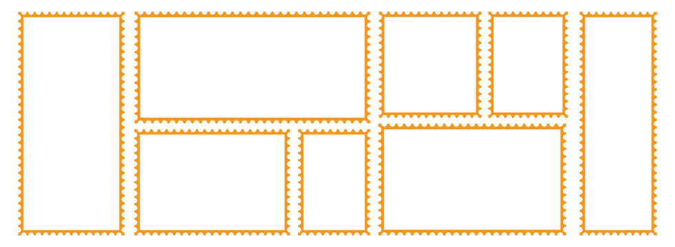 Set of blank postage stamp frames with golden serrated edges on transparent background