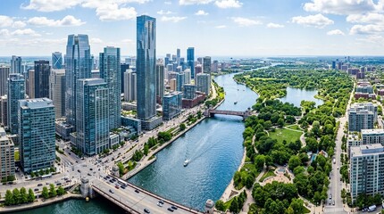 Naklejka premium Aerial View of Chicago Skyline with River and Lush Green Park on a Sunny Day