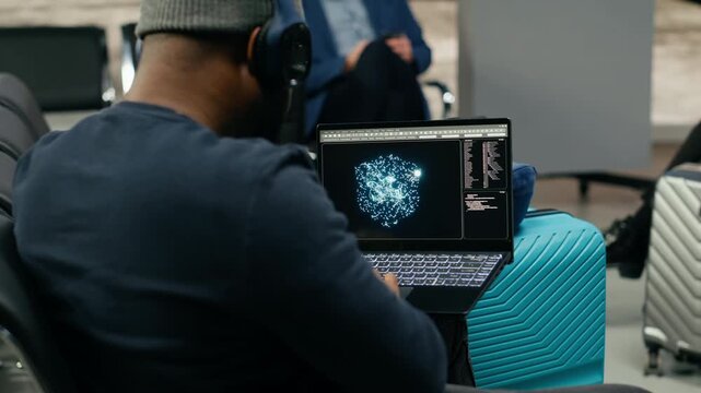 A casually dressed African American man uses AI neural networks in an airport lounge, applying deep learning and analytics to business development during an international work trip.