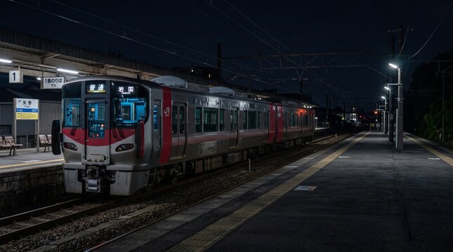 深夜の静寂に佇む日本のローカル駅と近郊電車