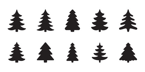 Set of black coniferous tree silhouettes for holiday design projects isolated on gray checkered background. © Suraiyajannat