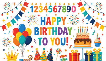 Fototapeta premium Colorful Happy Birthday Party Banner with Balloons and Gifts Vector