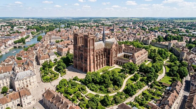 Aerial View of Sens Cathedral and Historic Cityscape in Burgundy, France