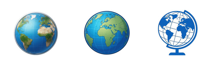 Fototapeta premium Set of three globe icons including planet Earth and a blue desktop globe on a stand, isolated on white background, perfect geography stock graphic and world map commercial design asset