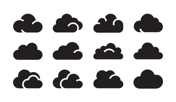 Set of different cloud icons with fluffy edges for weather forecasting and design use.