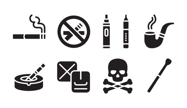 Smoking related objects cigarette e cigarette pipe ashtray skull poison danger sign.