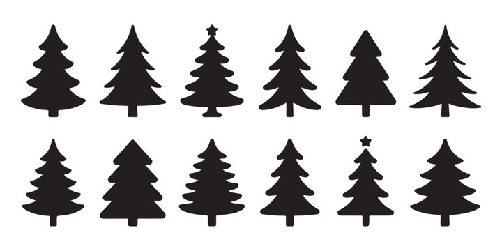 Collection of christmas tree icons, christmas trees silhouettes isolated on transparent background.