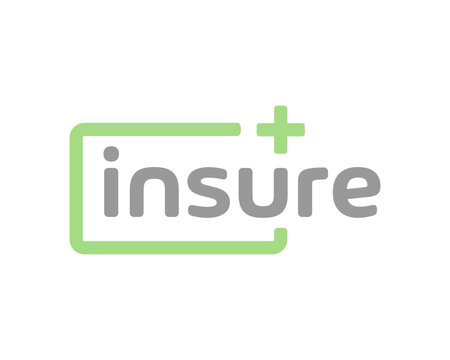 A modern logo for 'insure' featuring grey text, a light green bracket-like outline, and a plus sign on a white background.