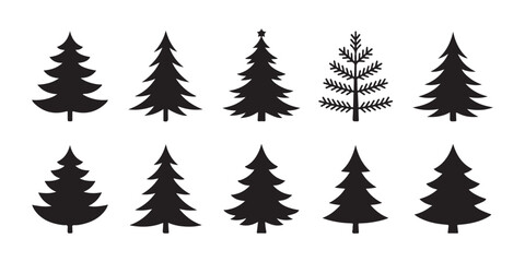 Obraz premium Pine tree silhouette icons for christmas decoration forest landscape design and winter seasonal nature.