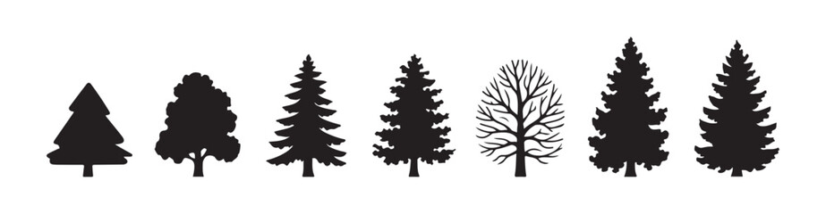 Deciduous and coniferous tree silhouette collection for landscape architecture and woodland design art. © Suraiyajannat