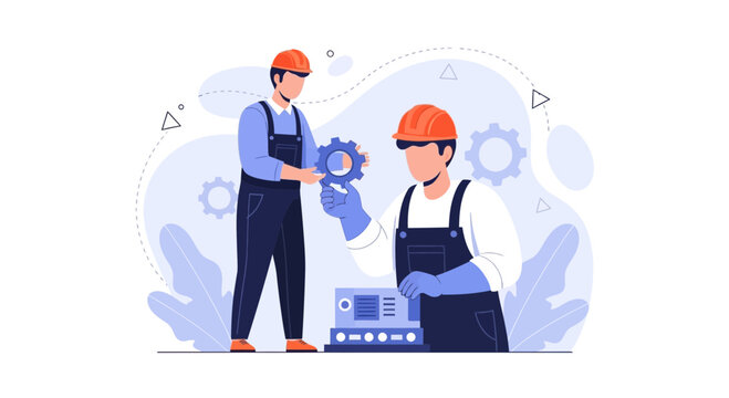 Teamwork in engineering: Two workers with gears, symbolizing collaboration, industry, and technical progress in a modern flat design style.