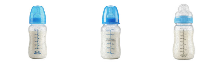 Set of three baby bottles filled with formula milk and blue caps, isolated on white background, perfect parenting stock graphic and infant feeding commercial design asset