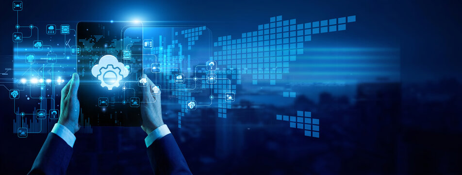 Cloud architect hands hold slim tablet Platform as a Service interface. Developers deploy applications using scalable cloud based infrastructure. Platform as a service and computing.