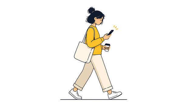 Young woman walking and texting on smartphone with coffee cup vector illustration