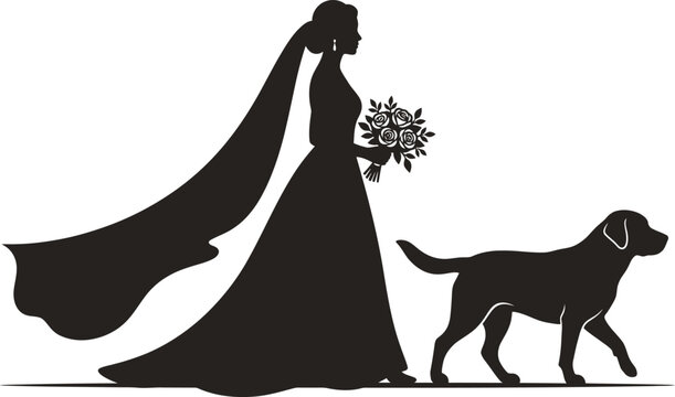 Bride with Dog Wedding Silhouette Vector Illustration