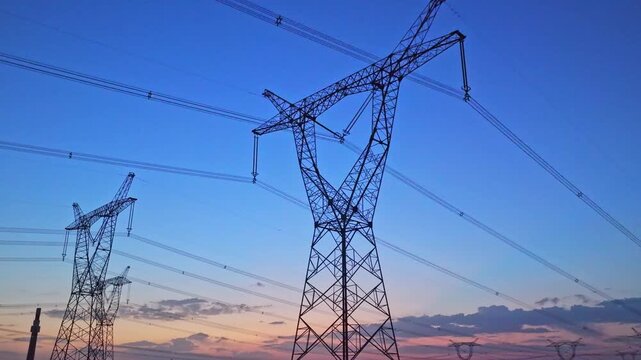 High-voltage power transmission tower at dusk