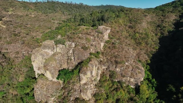 Panoramic aerial flyover of El Nido del Zopilote and Piedrotas Los Compadres rock formations in Las Pe&ntilde;as Ecological Park, Ciudad Guzm&aacute;n, Zapotl&aacute;n el Grande, Jalisco, Mexico