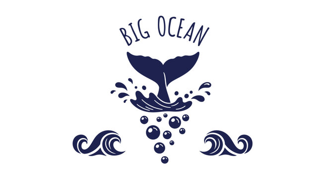 Minimalist navy whale tail silhouette diving into ocean waves with bubbles and nautical text.
