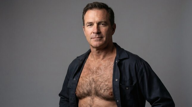 Portrait of confident mature man wearing open unbuttoned jacket showing chest