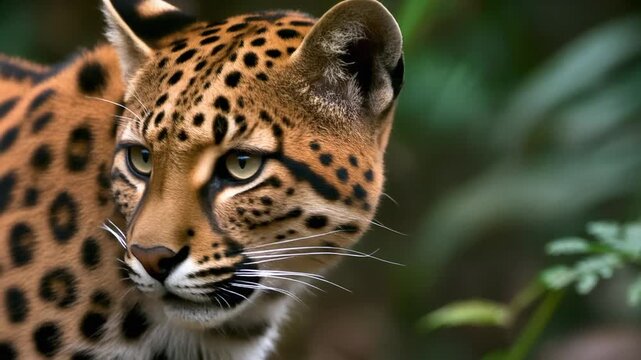 Ocelot turning its head in the lush green jungle forest
