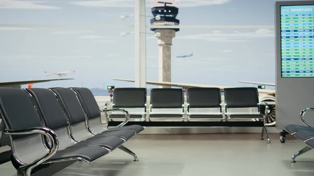 Empty airport departure lounge features a digital screen with flight information, boarding times and gate numbers, while rows of seats create a quiet modern waiting area without passengers.
