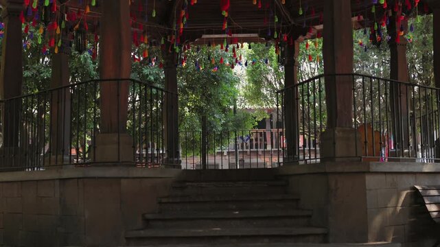 Decorated Wooden Gazebo (kiosco) In The Main Plaza Of Tapalpa (Pueblo M&aacute;gico) In Jalisco, Mexico. Tilt-down Shot