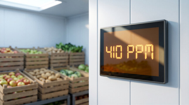 Digital display showing 410 ppm carbon dioxide level in a produce storage room with wooden crates of fruits and vegetables