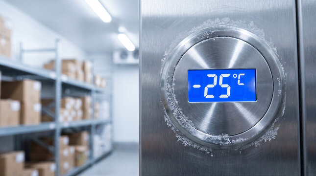 Digital thermometer on a freezer door in a cold storage warehouse with boxes on shelves in the background
