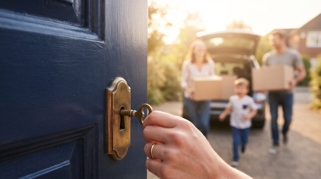 Closeup of womans hand holding key to open front door of new home with family in background