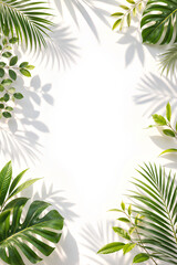 Fototapeta premium Fresh tropical frame decorated with lush green palm leaves and botanical foliage, perfect for summer invitations, travel designs, wellness branding, menus, posters, and nature-themed graphics.