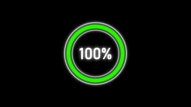 Circular progress bar loading animation with percentage counter from 0 to 100 percent on transparent background. Suitable for progress bar, battery charging animation, circular loading animation, etc