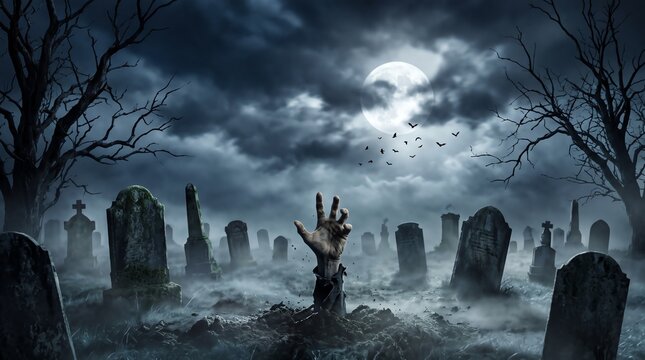 Spooky graveyard scene with hand emerging from the ground at night