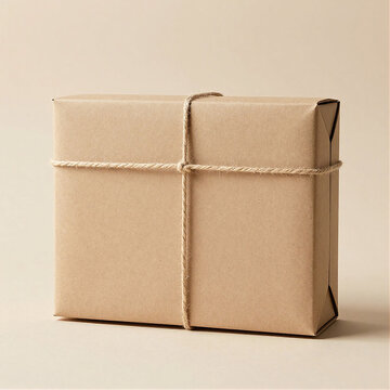 Brown kraft paper gift box wrapped with natural hemp string isolated on beige background