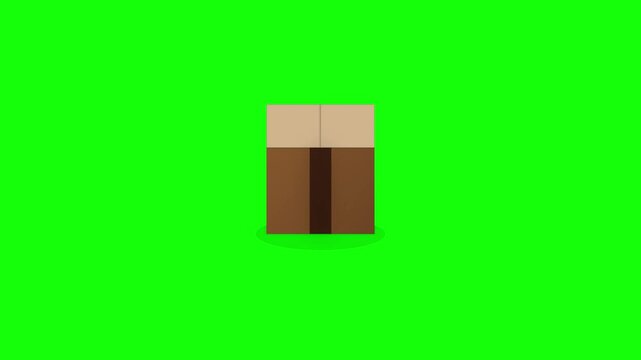 Minimalist 2D animated blocky character with brown and tan colors centered on a bright green screen background for chroma key editing, stylized flat vector game asset for motion design.