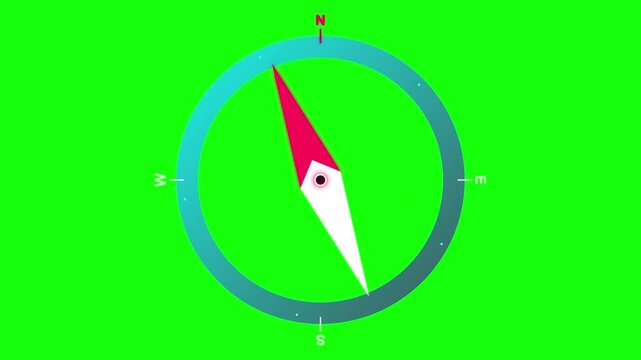 Animated directional navigation compass with red and white needle showing cardinal points N E S W on blue gradient rim isolated on solid green screen background for video editing.