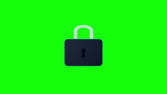 Stylized 3D unlocked padlock icon isolated on green screen background. Navy blue lock body with open silver shackle. Motion graphic element for security, data privacy, and access.