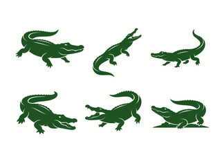 Fototapeta premium Green crocodile and alligator silhouettes. Set of wild reptile vector icons in various poses.