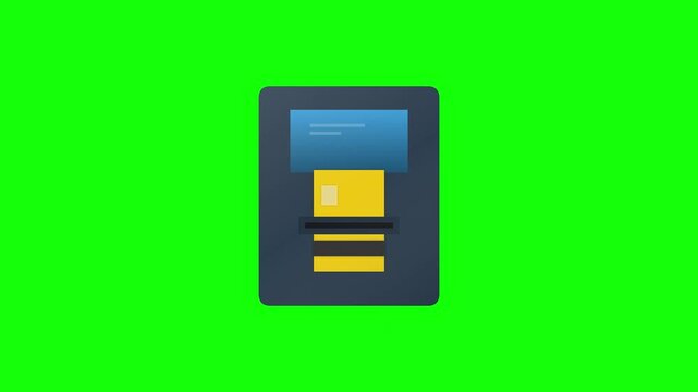 2D flat animation of a yellow credit card with a chip being inserted into a black automated teller machine ATM slot on a dark panel with blue screen, isolated on green screen.