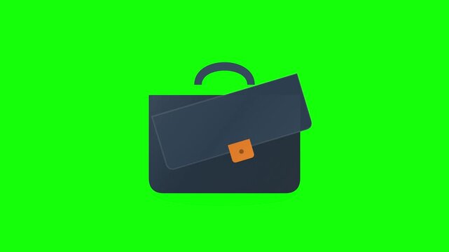 Minimalist Flat Design 2D Animation of a Dark Blue Professional Briefcase with Orange Clasp, Isolated on Bright Green Chroma Key Background for Video Compositing Graphics