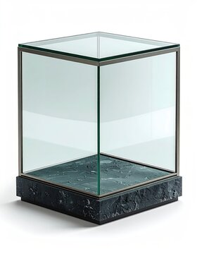 Sleek, modern glass display case with marble base
