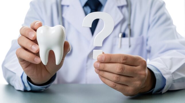 Male dentist in white coat holds plastic tooth model, white question mark symbol. Stomatology doctor provides pro advice on oral health issues. Specialist explains dental treatment options patient