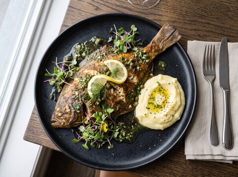 Whole roasted flatfish served with mashed potatoes and lemon garnish.