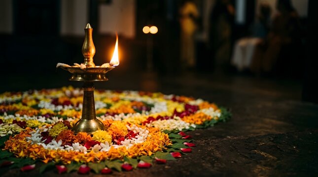 Traditional brass oil lamp glowing on a colorful floral rangoli pattern during a festive celebration, for onam greeting celebration theme