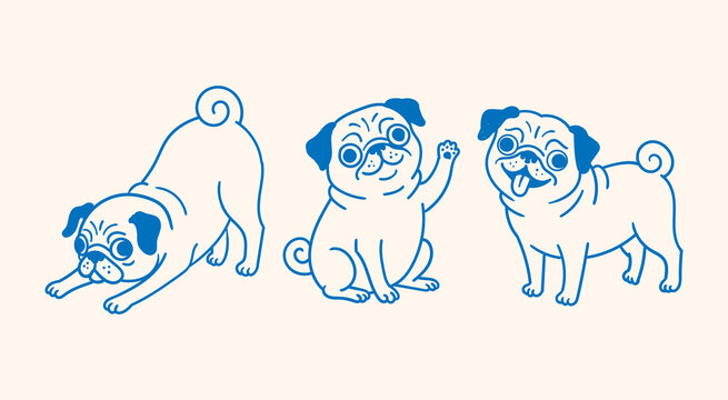Cute Pug Dog Line Art Minimalist Character Poses Illustration Set Vector, Happy Pug Dog Illustration Set Stretching Waving And Standing Blue Line Art Vector Graphics