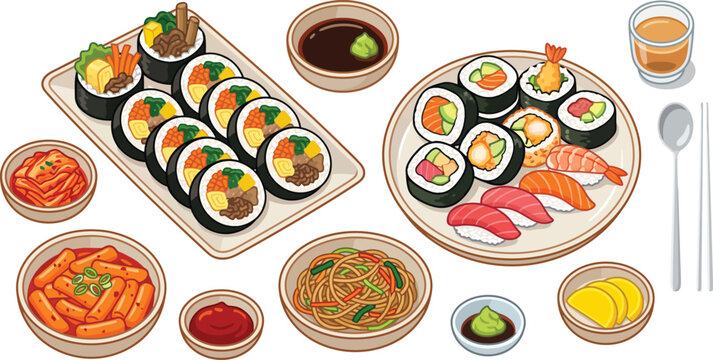 Assorted Japanese sushi rolls and kimbap vector flat set
