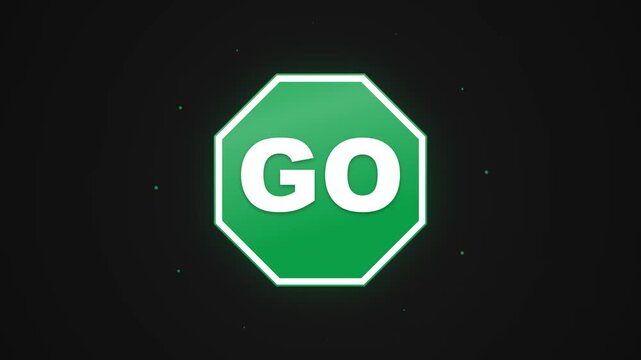 Green go sign icon animation on dark background octagon motion road traffic