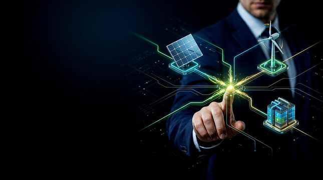 Close-up of corporate businessman touching glowing digital node to control sustainable renewable grid modernization system in dark studio, composite photo