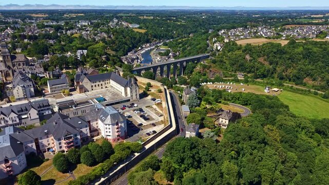 Viaduct in Dinan, France. Aerial backward