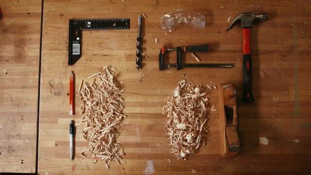 Top view of woodworking tools arranged on wooden workbench with wood shavings, hand plane, hammer, clamps and measuring tools inside carpentry workshop